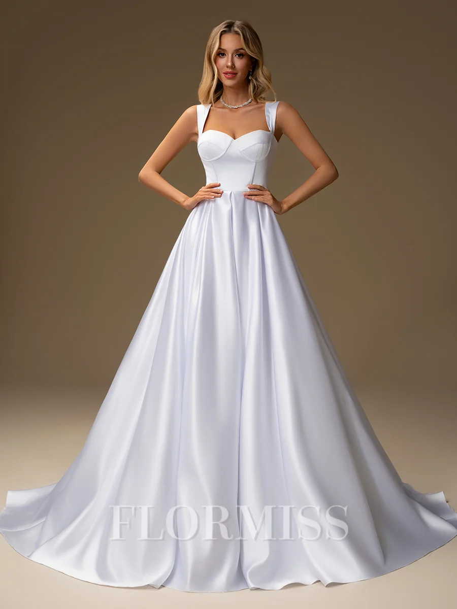 A-line Straps Sweep Train Satin Corset Wedding Dress