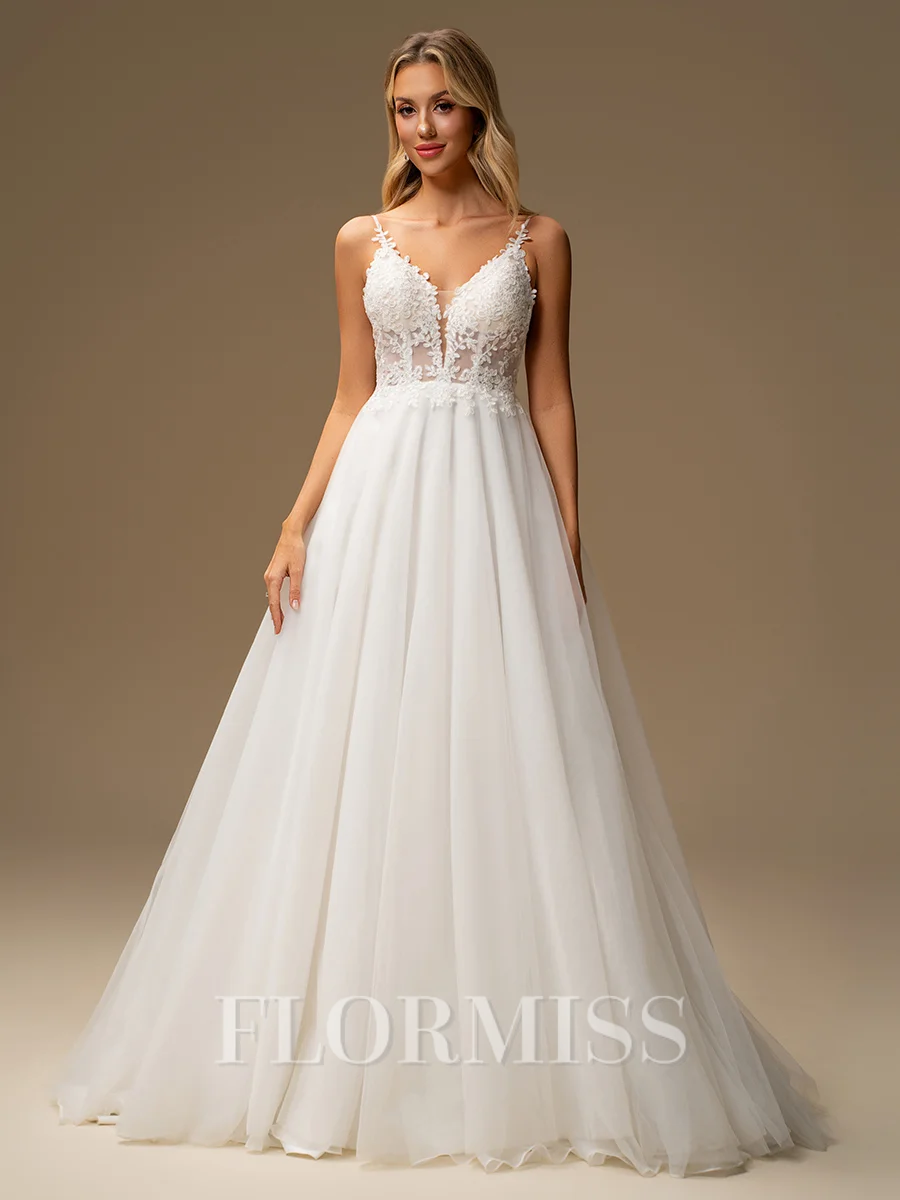 A-line V-neck Appliques Lace Sweep Train Tulle Wedding Dress