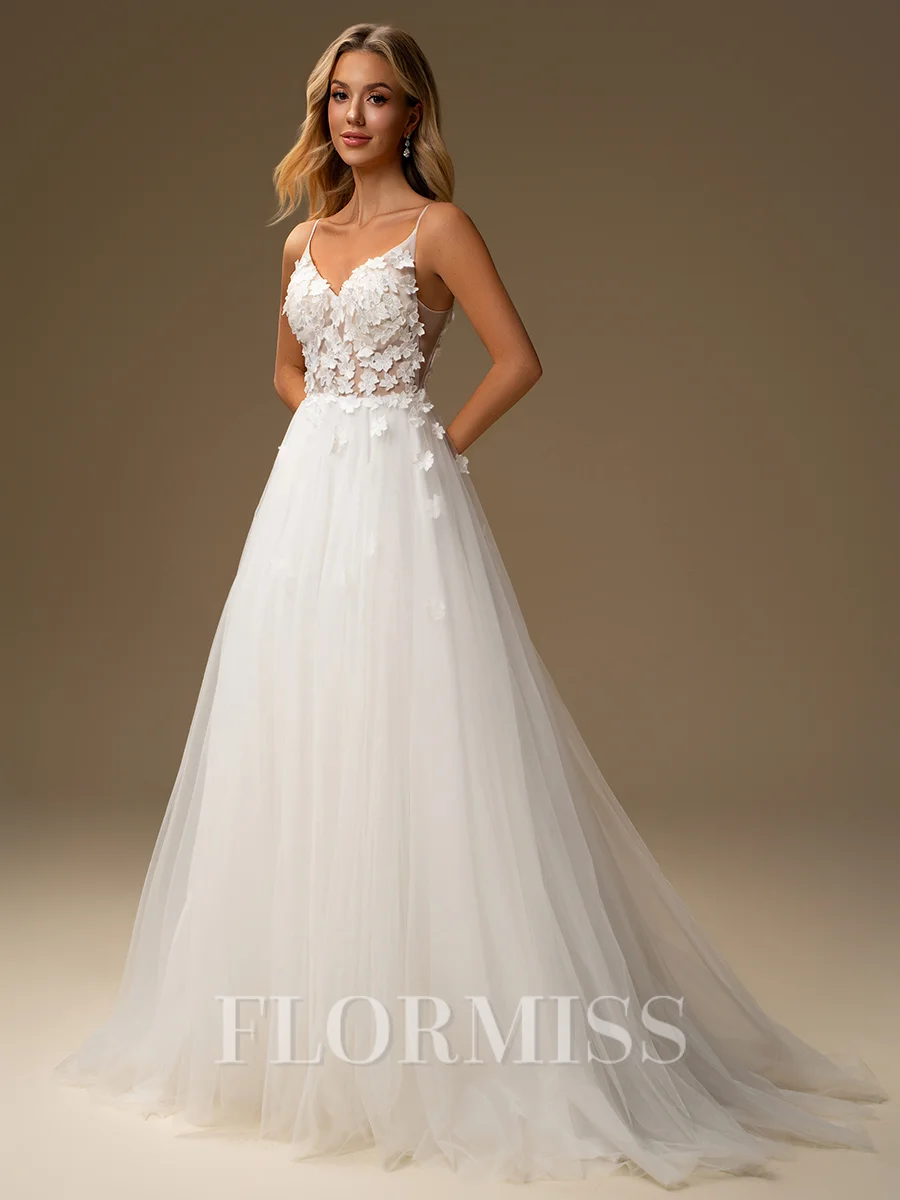 A-line V-neck Appliques Lace Sweep Train Tulle Wedding Dress