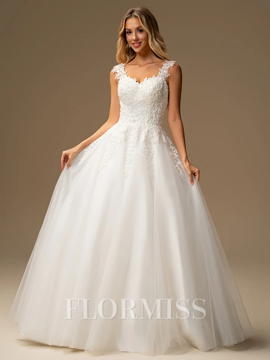 Ball-Gown Sweetheart Appliques Lace Floor-Length Tulle Wedding Dress
