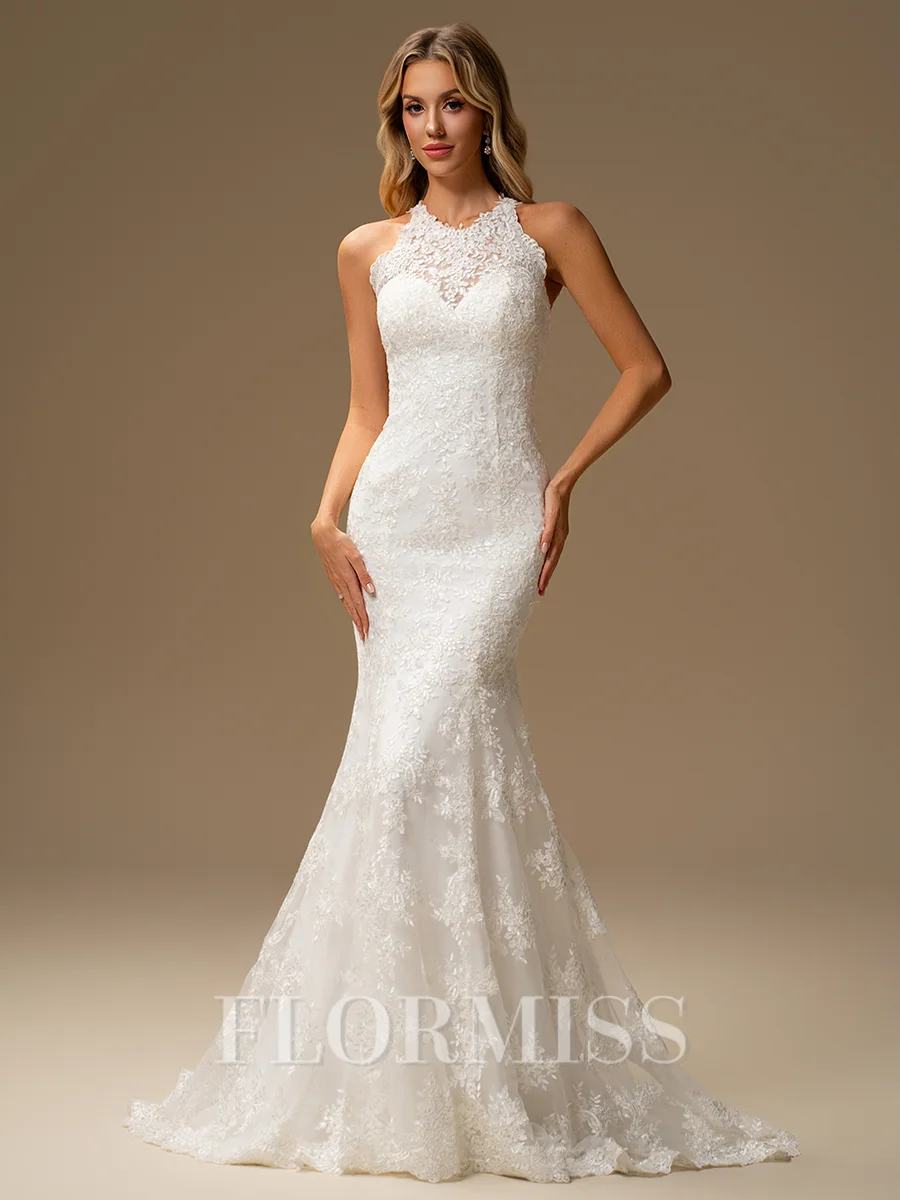 Sheath Scoop Sweep Train Lace Wedding Dress
