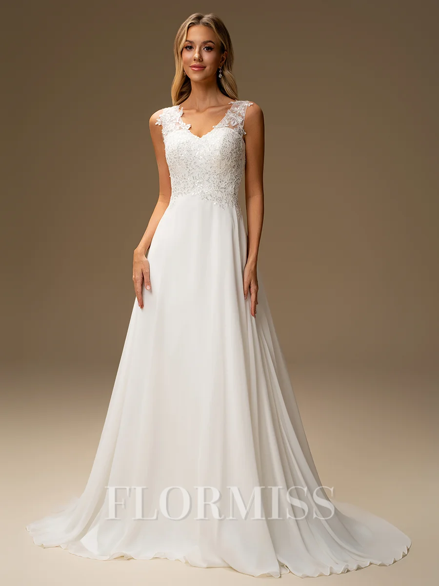 A-line V-neck Appliques Lace Sweep Train Chiffon Wedding Dress