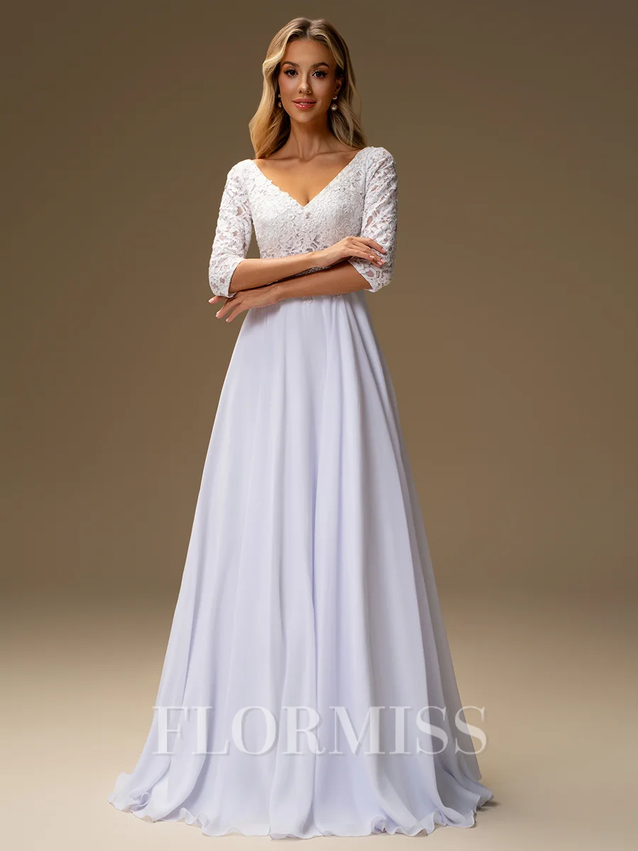 A-line V-neck 3/4 Sleeves Appliques Lace Floor-Length Chiffon Wedding Dress