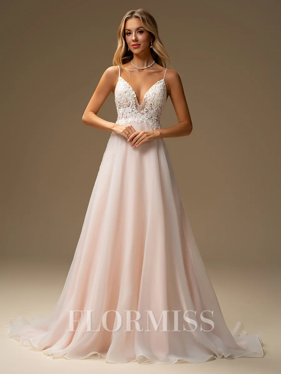 A-line V-neck Appliques Lace Court Train Organza Wedding Dress