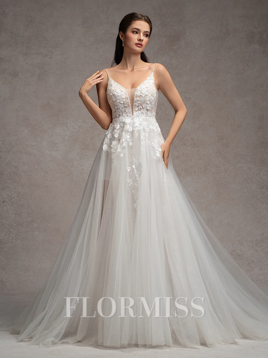 A-line V-neck Appliques Lace Chapel Train Tulle Wedding Dress