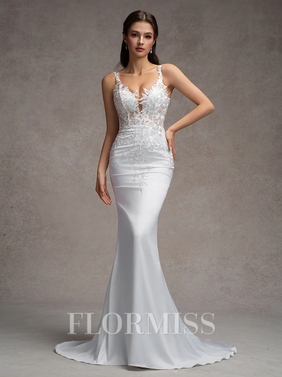 Sheath V-neck Appliques Lace Sweep Train Charmeuse Wedding Dress