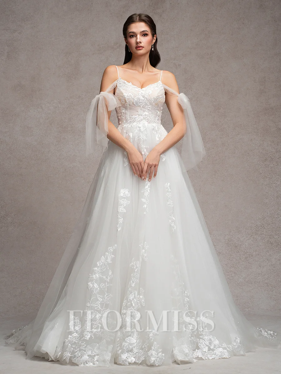 A-line Cold Shoulder Appliques Lace Chapel Train Tulle Wedding Dress