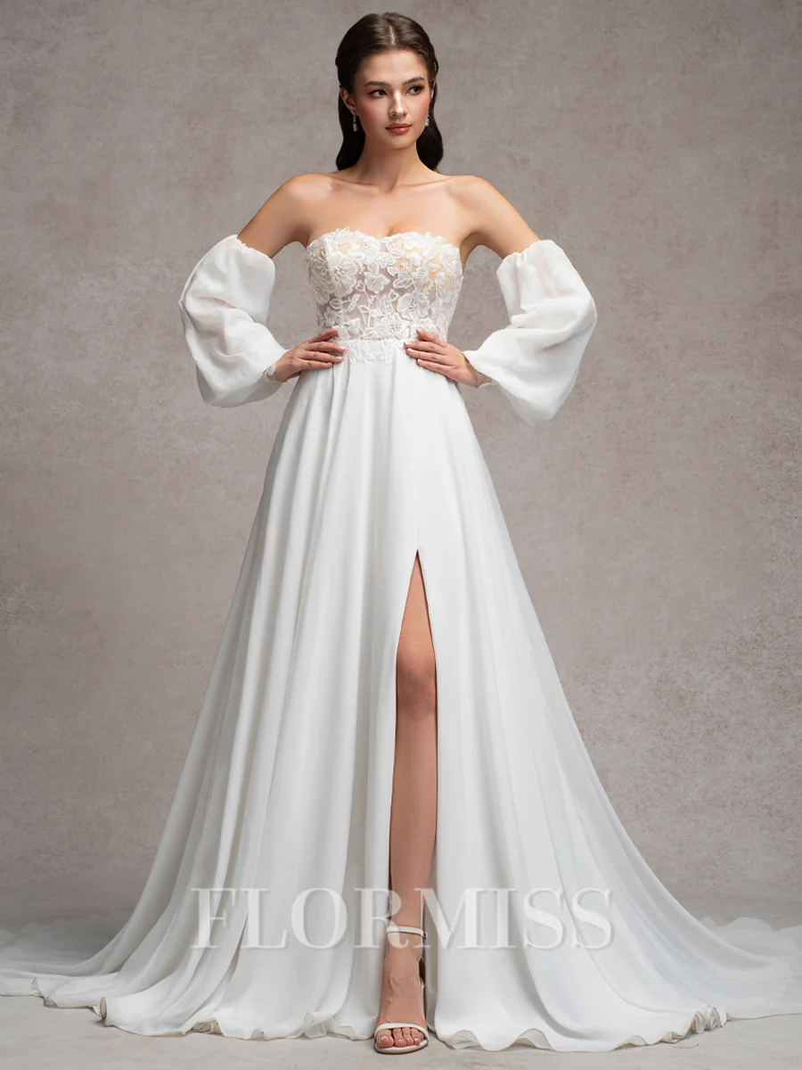 A-line Sweetheart Long Sleeves Appliques Lace Court Train Chiffon Corset Convertible Wedding Dress