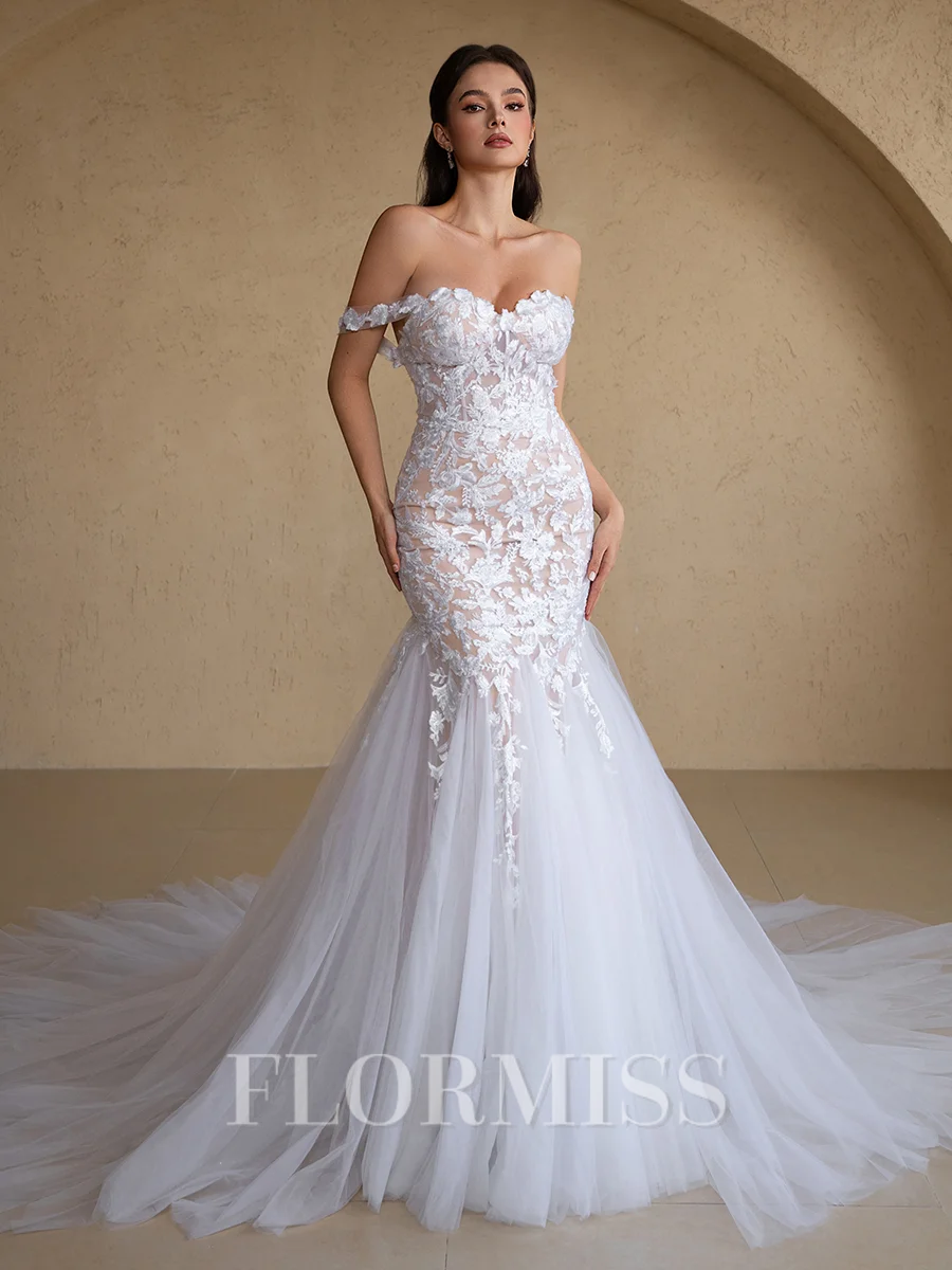 Mermaid Off-the-Shoulder Appliques Lace Cathedral Train Tulle Corset Wedding Dress