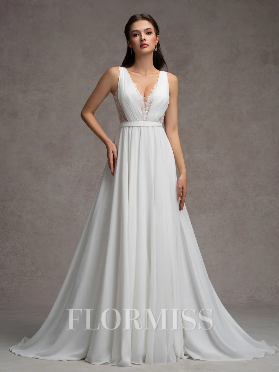 A-line V-neck Appliques Lace Sweep Train Chiffon Wedding Dress