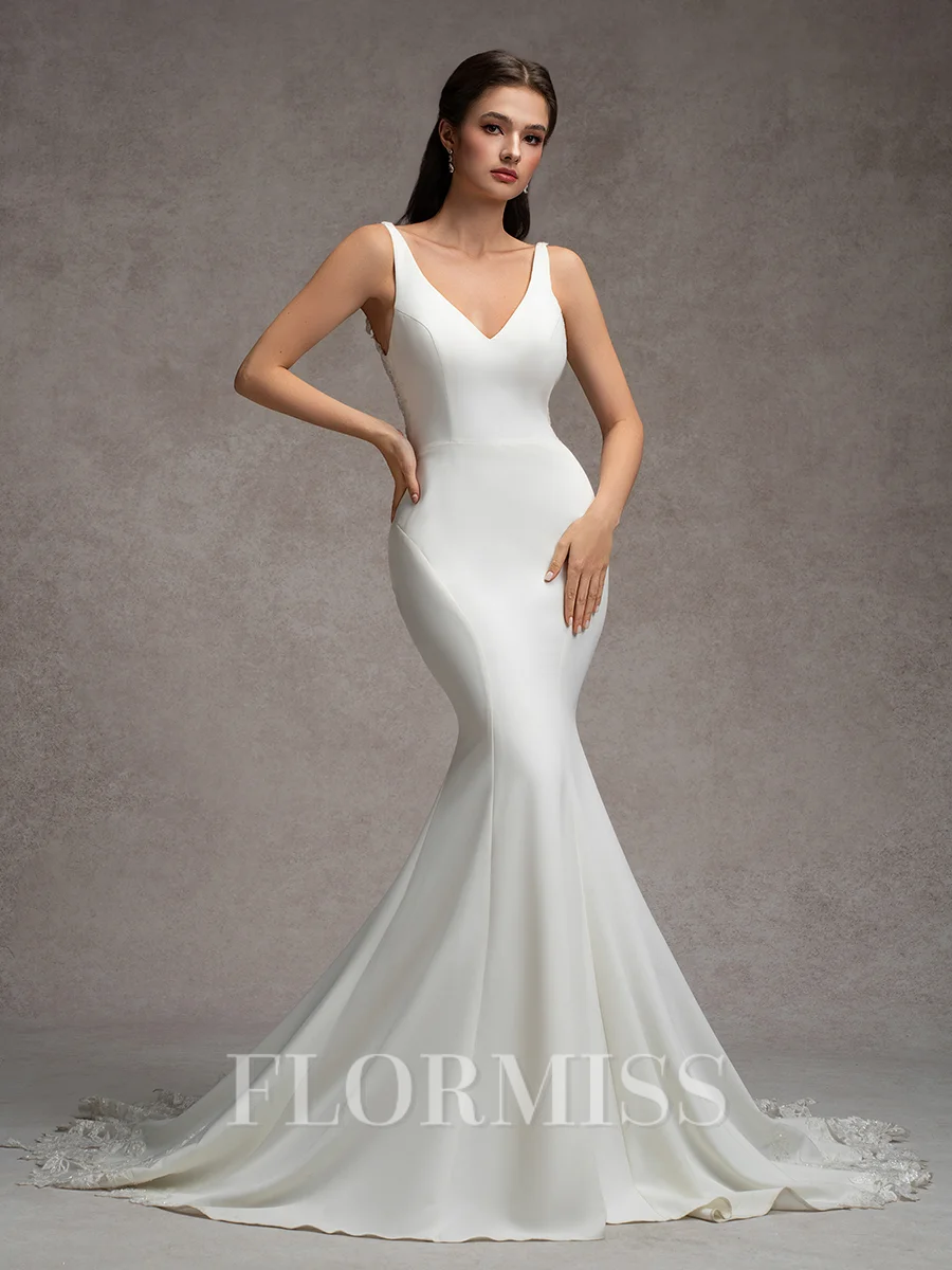 Sheath V-neck Court Train Stretch Crepe Wedding Dress