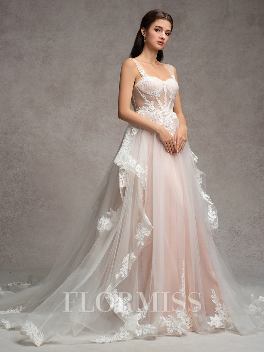 A-line Straps Appliques Lace Chapel Train Tulle Corset Wedding Dress