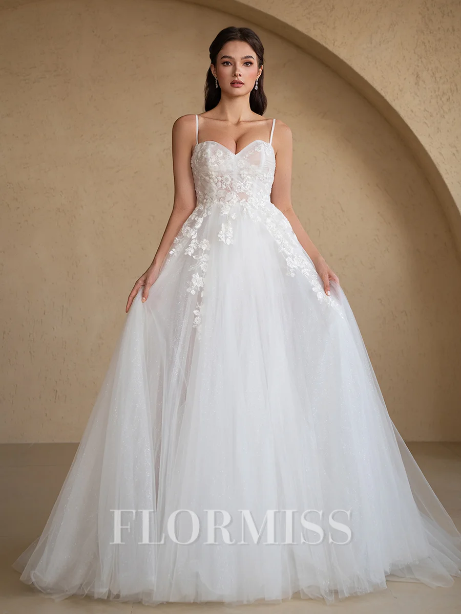 A-line Spaghetti Straps Appliques Lace Court Train Tulle Corset Wedding Dress