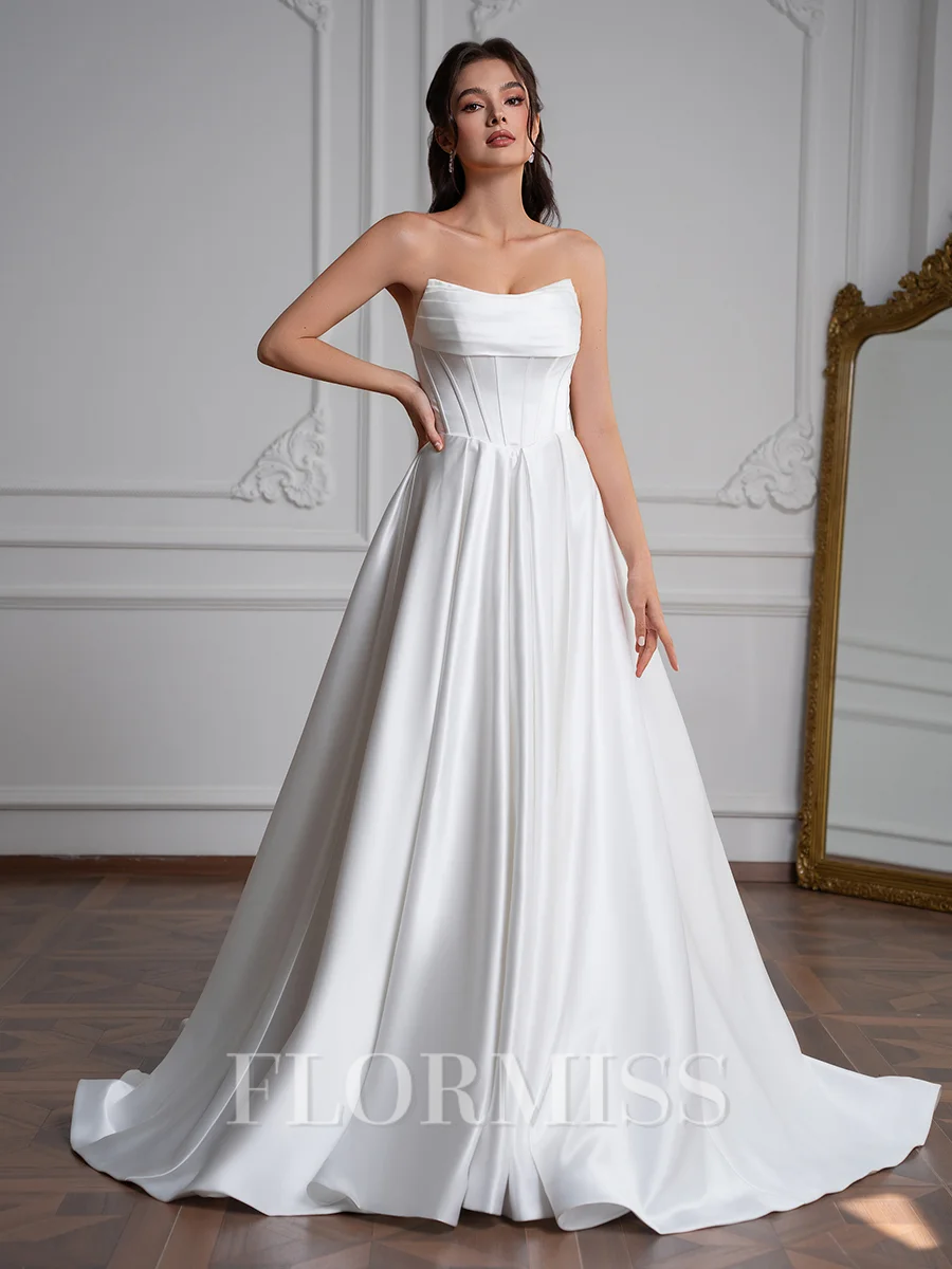 A-line Straight Pleated Sweep Train Satin Corset Wedding Dress
