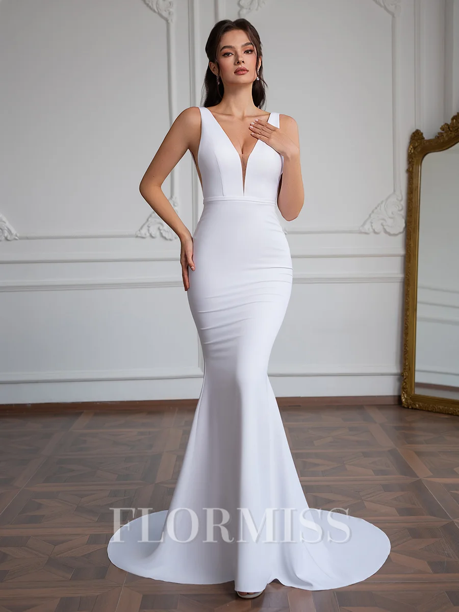 Sheath V-neck Court Train Stretch Crepe Wedding Dress