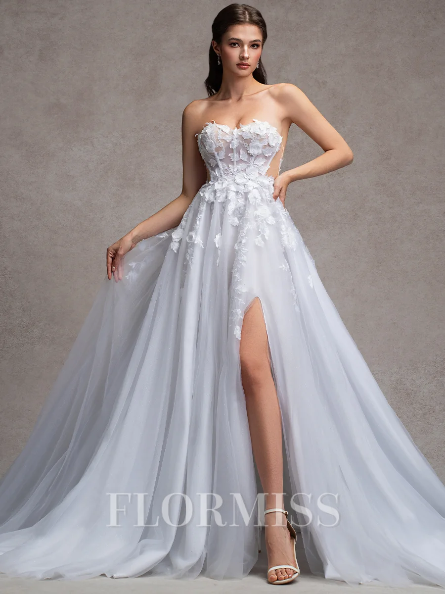A-line Sweetheart Appliques Lace Cathedral Train Tulle Corset Wedding Dress