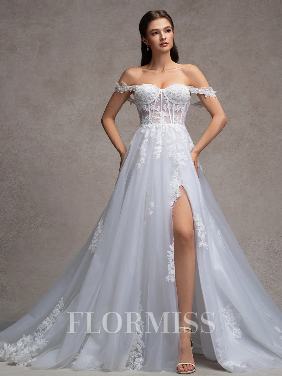 A-line Off-the-Shoulder Appliques Lace Cathedral Train Tulle Corset Wedding Dress