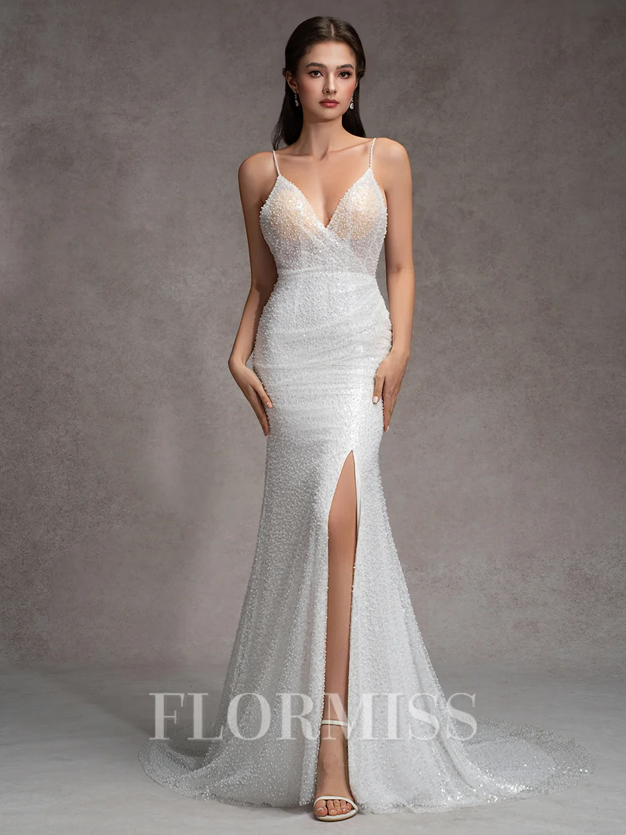 Sheath V-neck Beading Court Train Wedding Dress