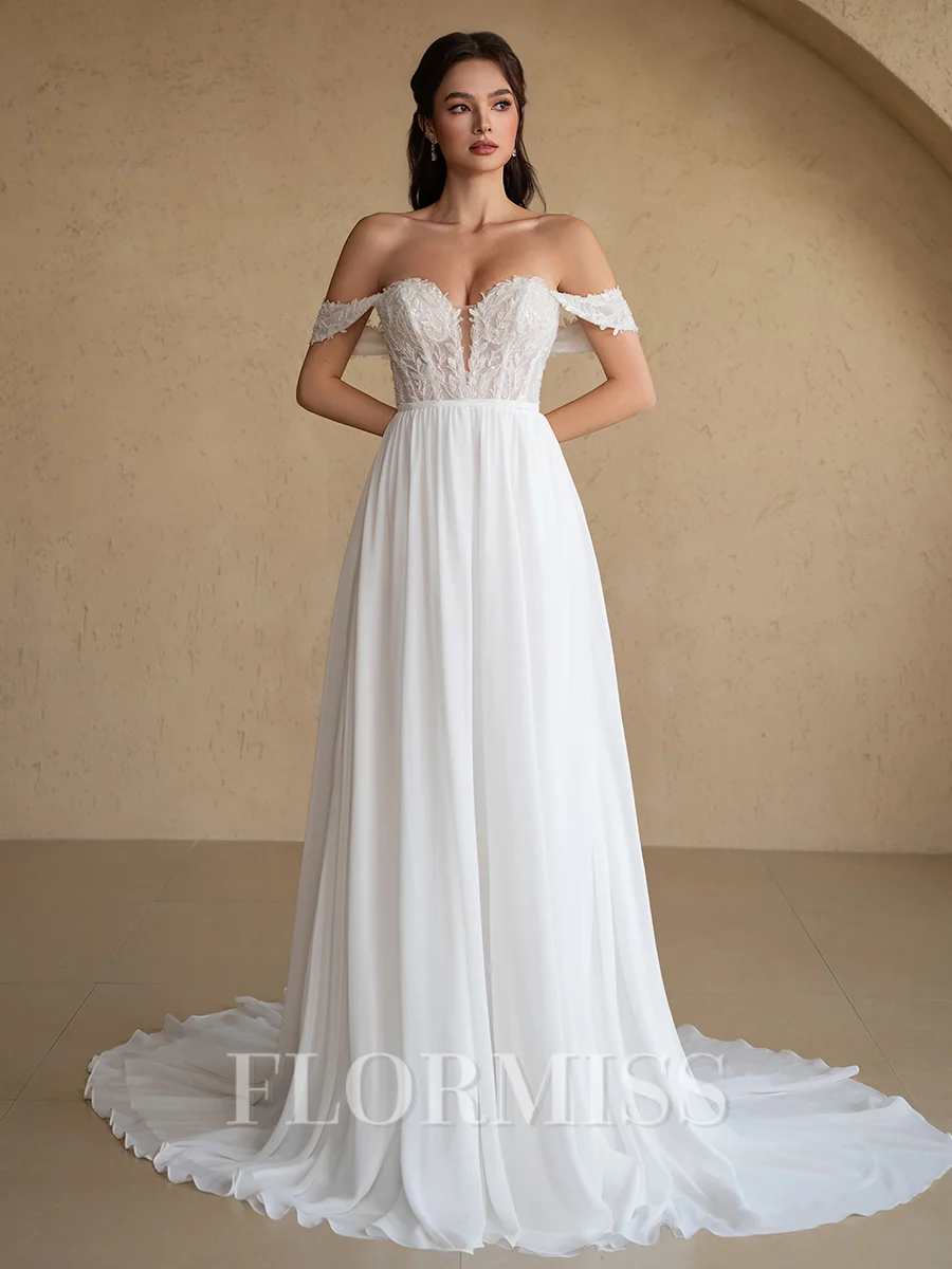 A-line Off-the-Shoulder Appliques Lace Court Train Chiffon Wedding Dress