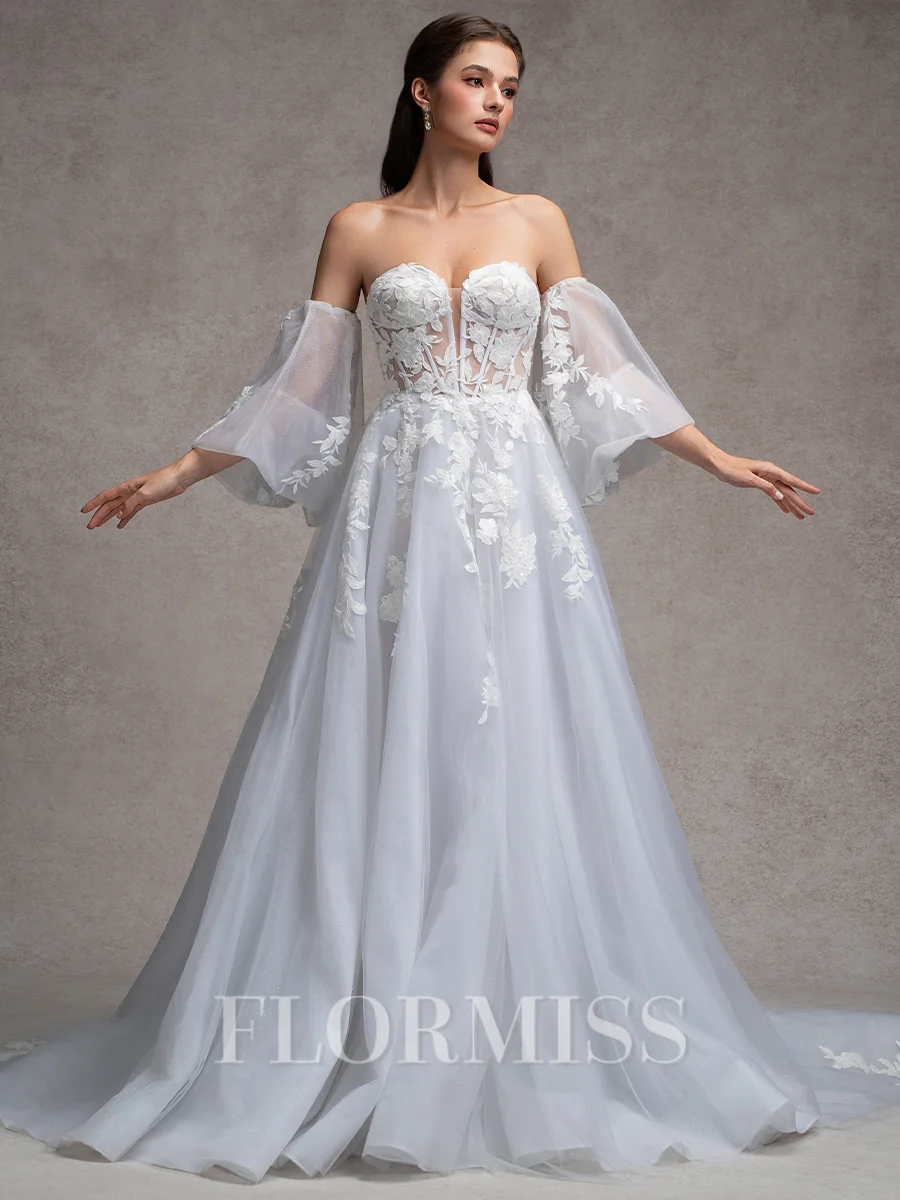 A-line Sweetheart Long Sleeves Appliques Lace Chapel Train Tulle Corset Convertible Wedding Dress