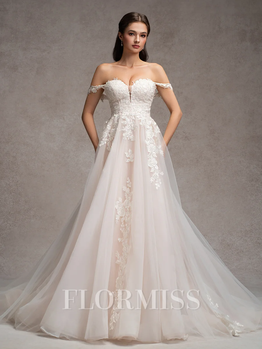 A-line Off-the-Shoulder Appliques Lace Cathedral Train Tulle Wedding Dress