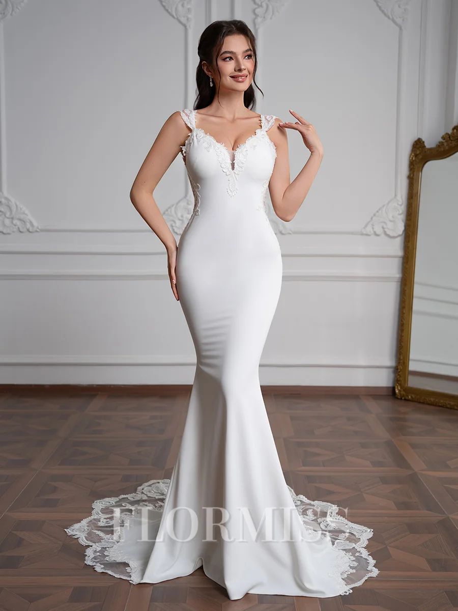 Sheath V-neck Appliques Lace Chapel Train Stretch Crepe Wedding Dress