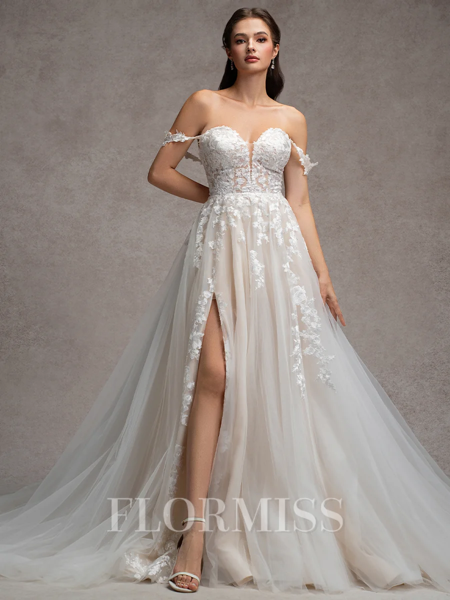 A-line Off-the-Shoulder Appliques Lace Chapel Train Tulle Wedding Dress