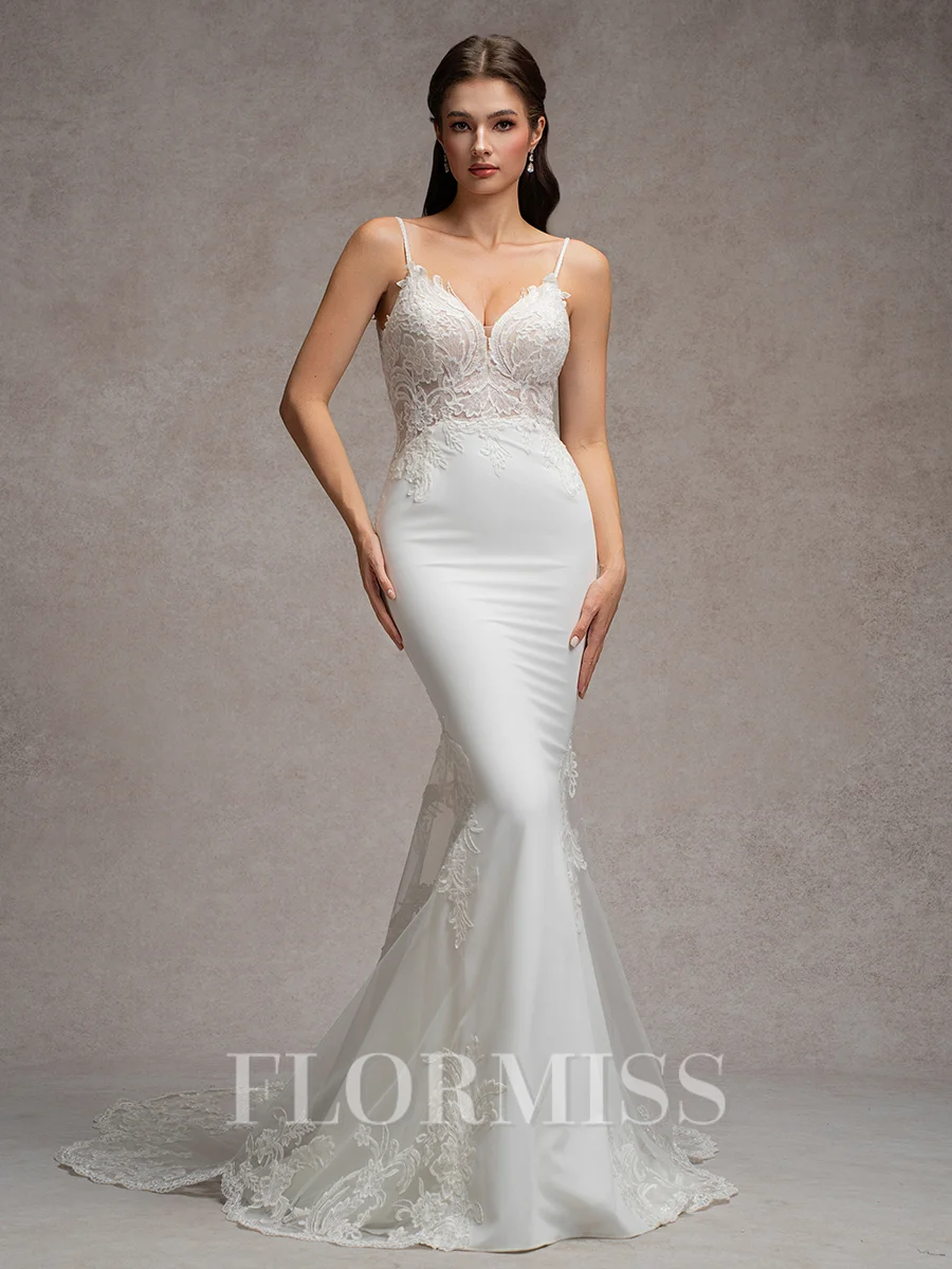Sheath V-neck Appliques Lace Cathedral Train Stretch Crepe Wedding Dress