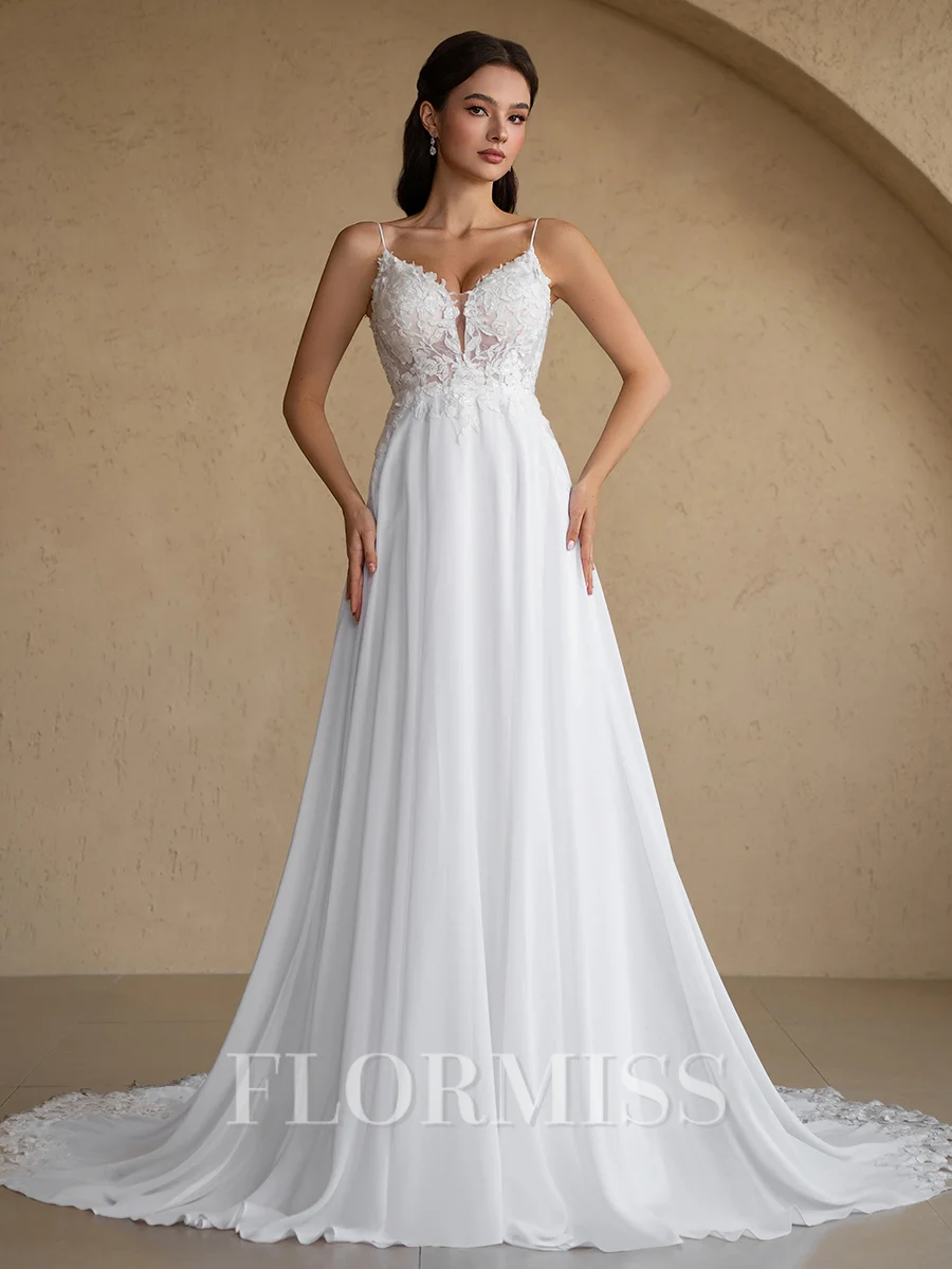 A-line V-neck Appliques Lace Cathedral Train Chiffon Wedding Dress