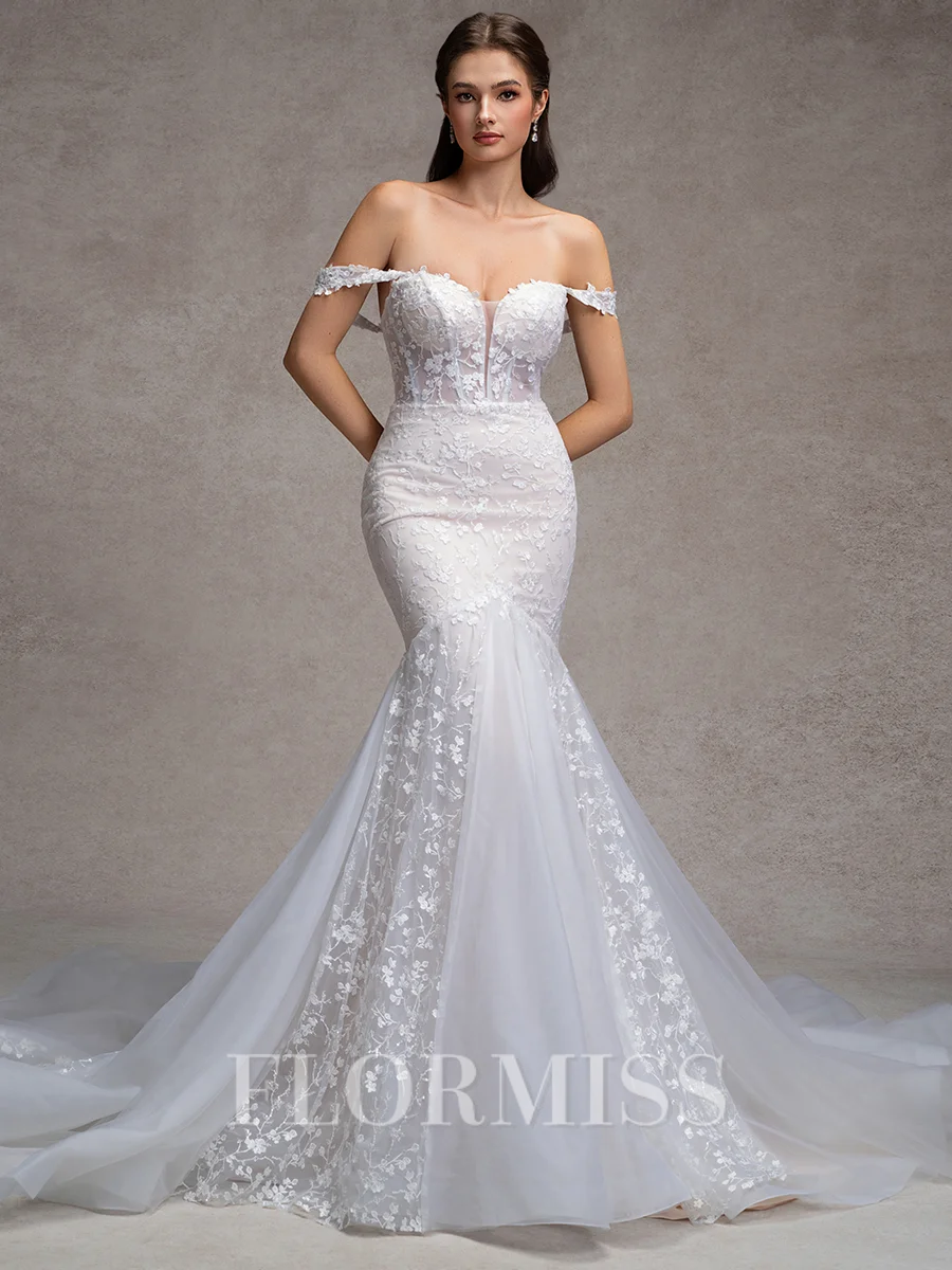Mermaid Off-the-Shoulder Appliques Lace Cathedral Train Tulle Corset Wedding Dress