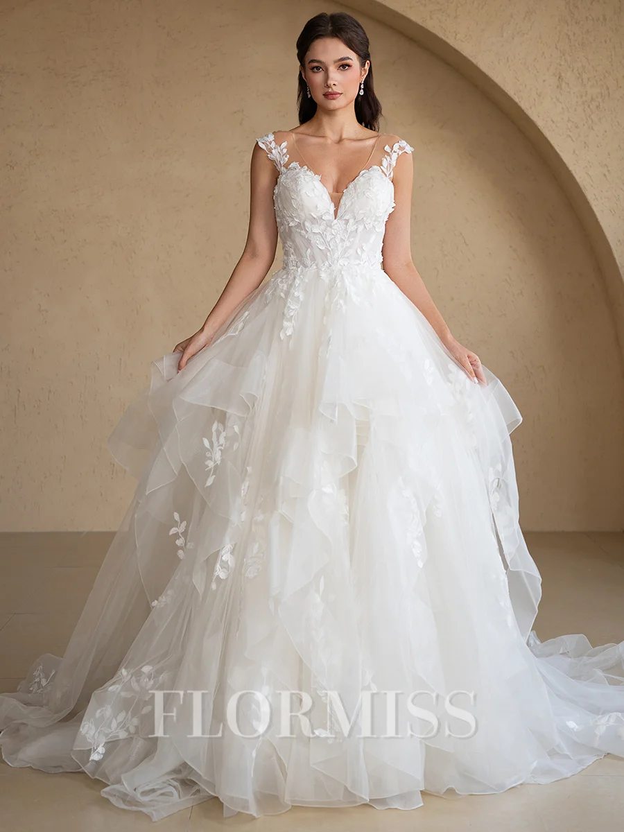 Ball Gown Tulle Applique V-Neck Sleeveless Court Train Wedding Dresses