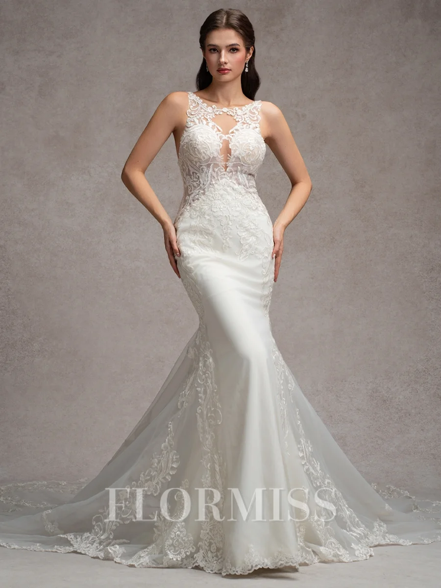 Sheath/Column Stretch Crepe Lace Scoop Sleeveless Court Train Wedding Dresses