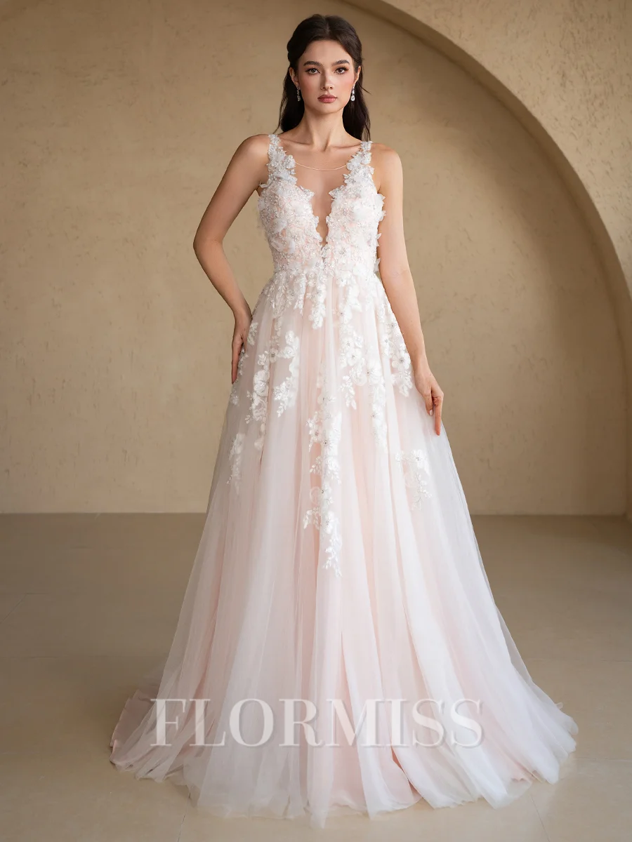A-Line/Princess Tulle Applique Scoop Sleeveless Sweep Train Wedding Dresses