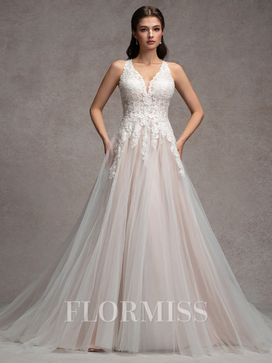A-Line/Princess Tulle Lace V-Neck Sleeveless Court Train Wedding Dresses