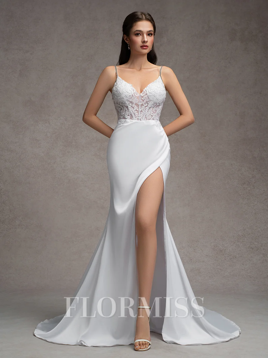 Sheath/Column Charmeuse Lace V-Neck Sleeveless Court Train Wedding Dresses