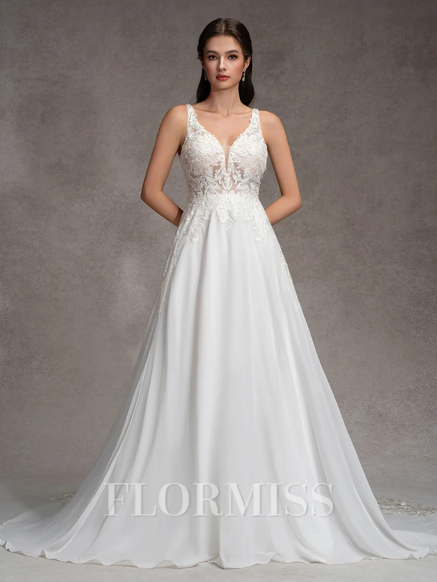 A-Line/Princess Chiffon Lace V-Neck Sleeveless Court Train Wedding Dresses