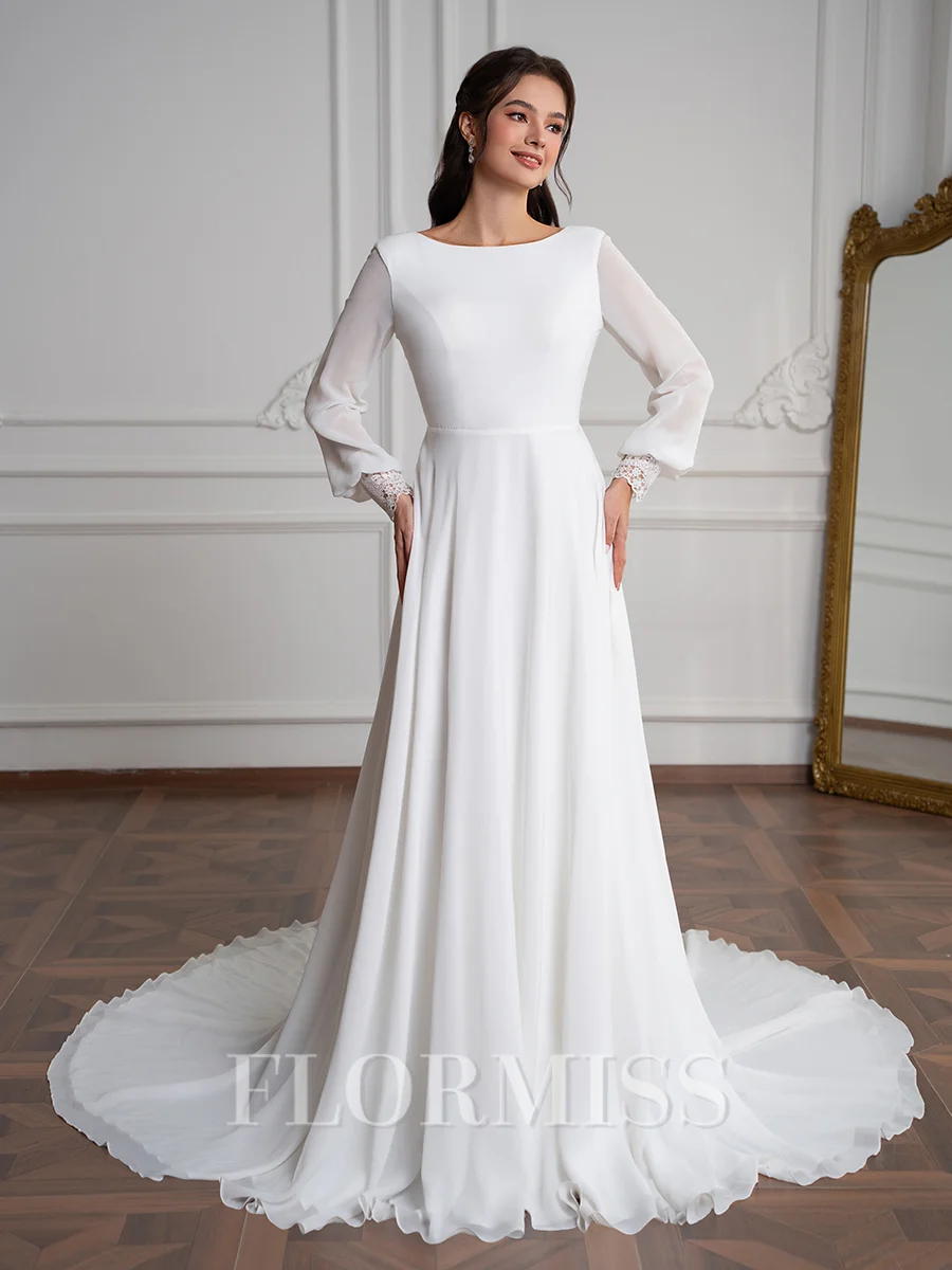 A-Line/Princess Chiffon Lace Scoop Long Sleeves Court Train Wedding Dresses