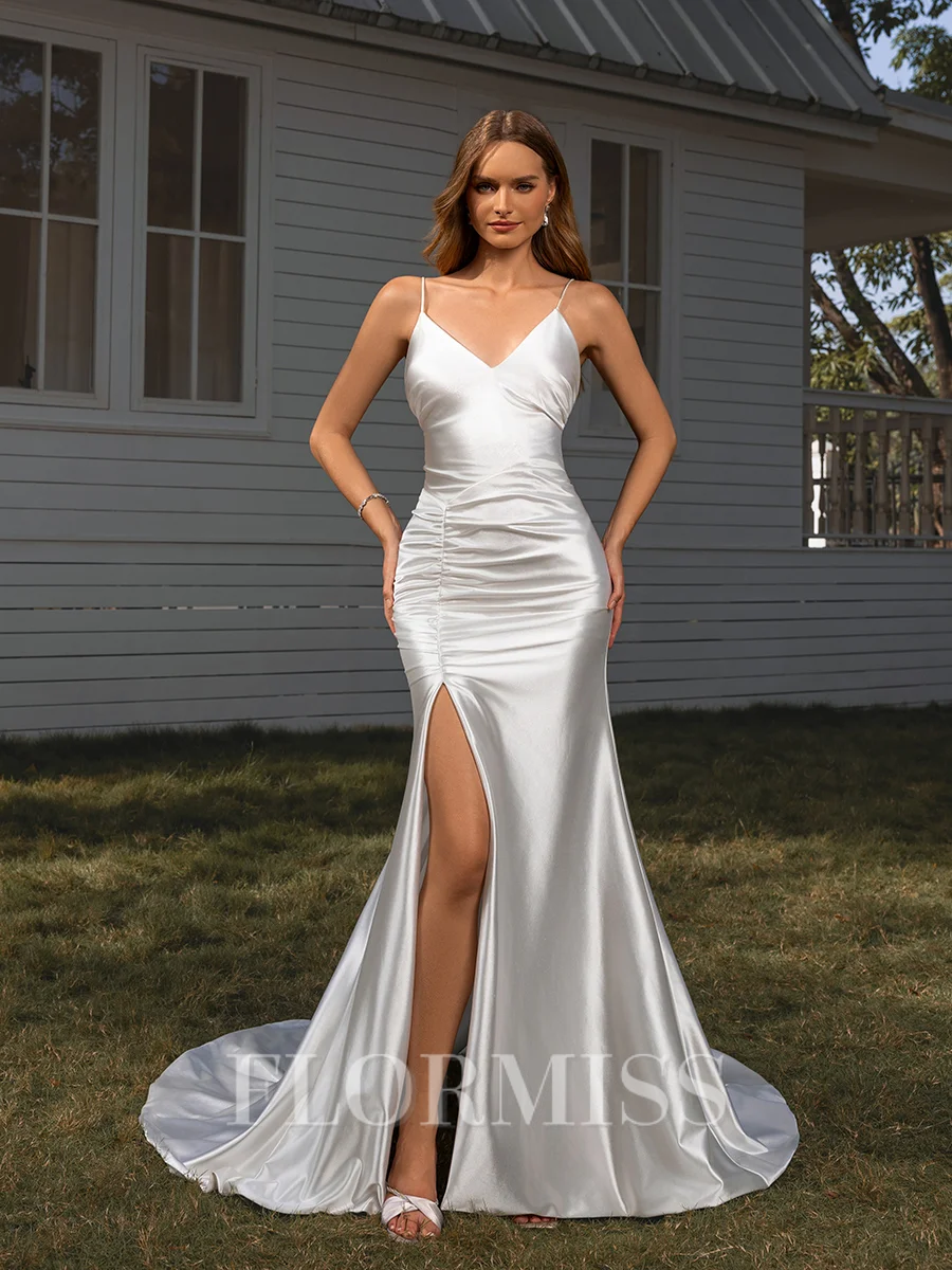 Sheath V-neck Pleated Court Train Silk Like Satin Wedding Dress