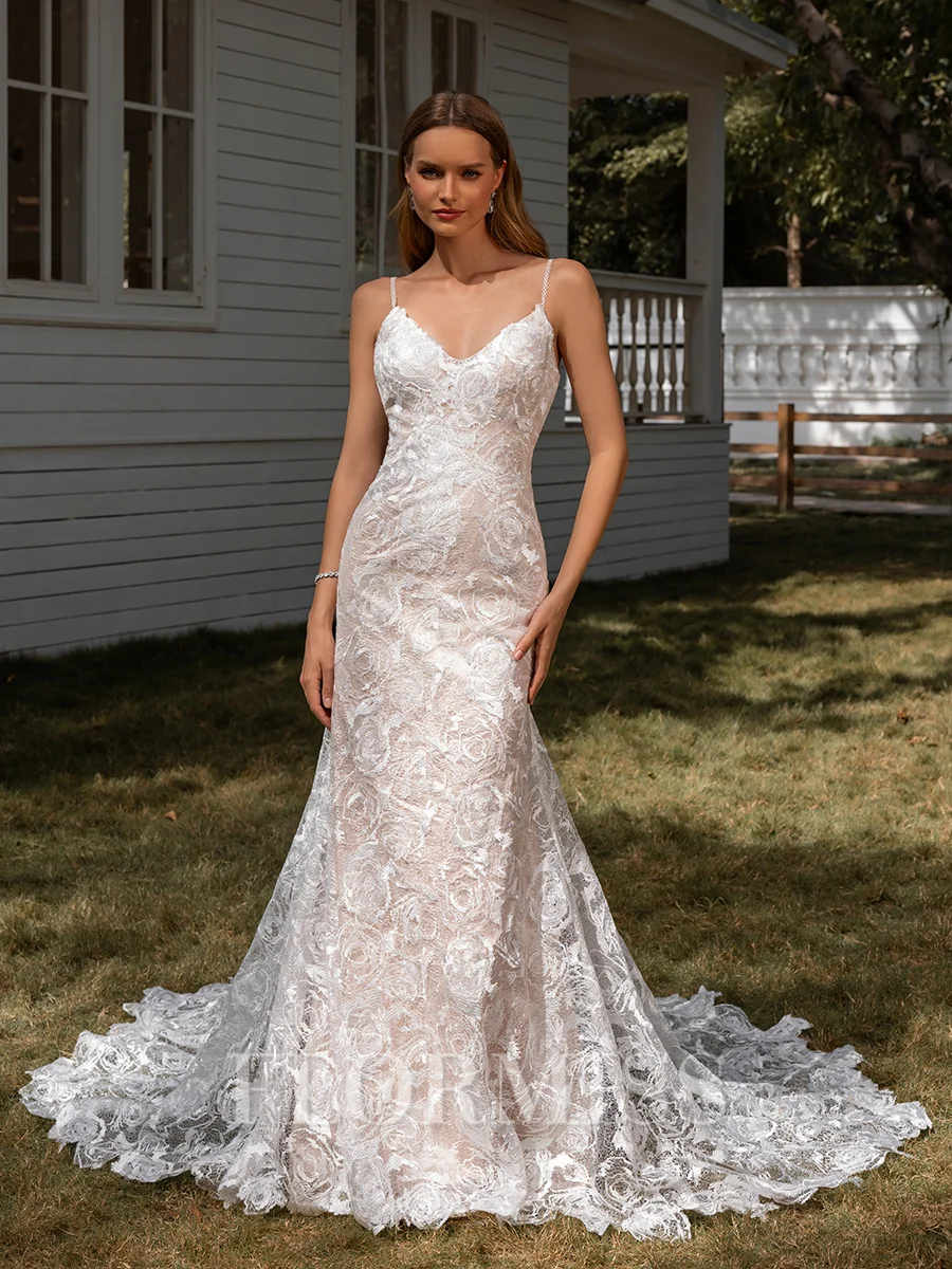 Sheath V-neck Appliques Lace Chapel Train Lace Wedding Dress