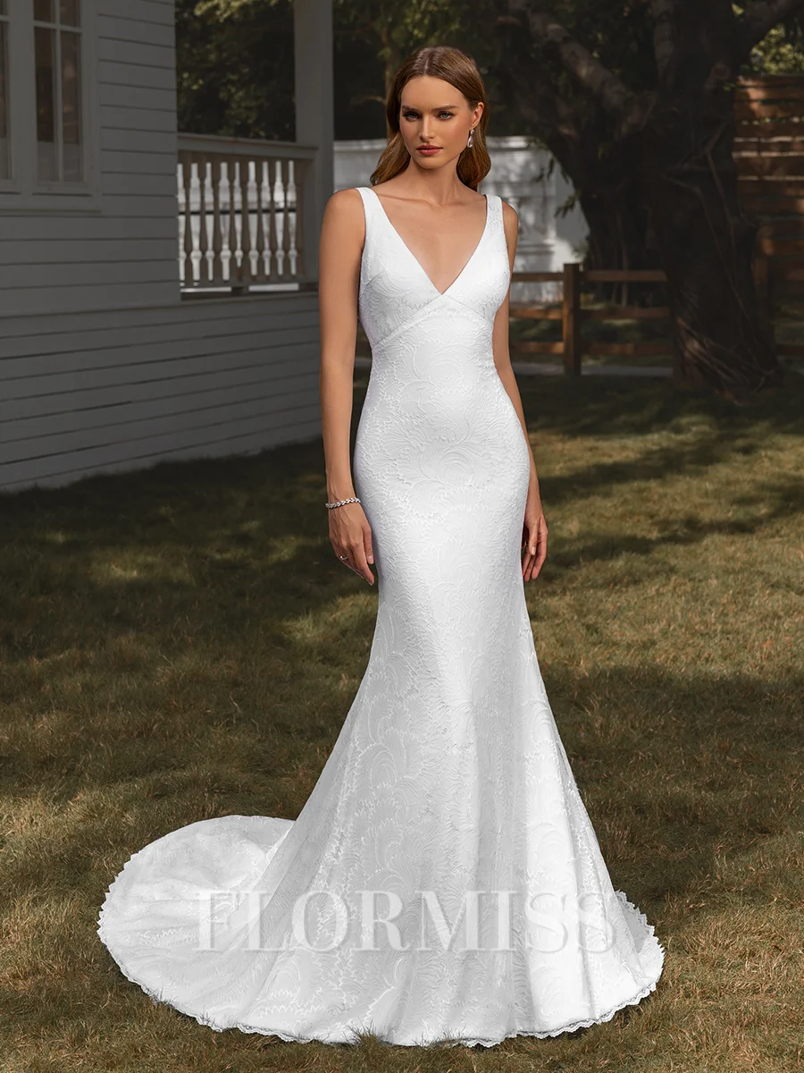 Sheath V-neck Appliques Lace Chapel Train Lace Wedding Dress