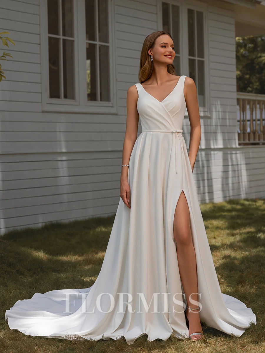 A-line V-neck Pleated Chapel Train Stretch Crepe Wedding Dress