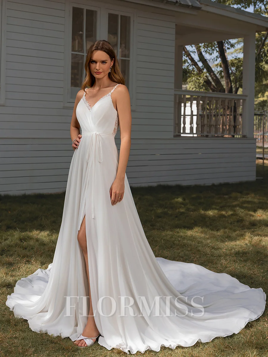 A-line V-neck Pleated Cathedral Train Chiffon Wedding Dress