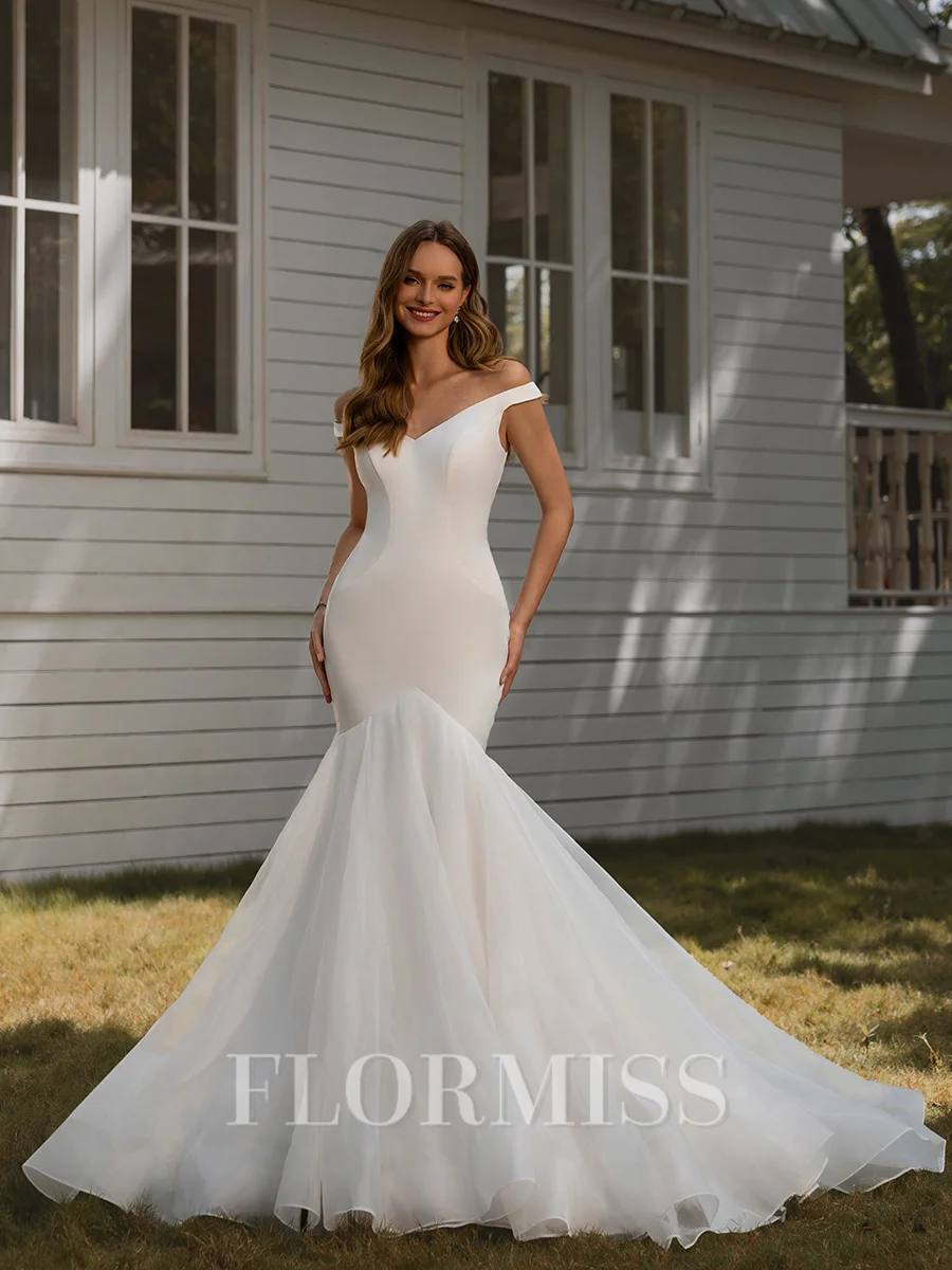 Mermaid V-neck Chapel Train Organza  Wedding Dress