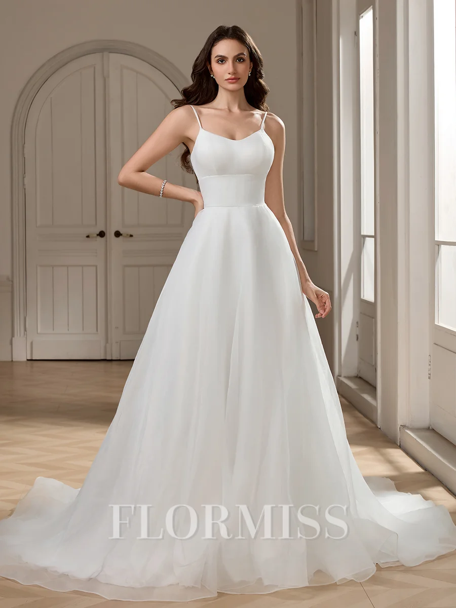 A-line Spaghetti Straps Chapel Train Organza Wedding Dress