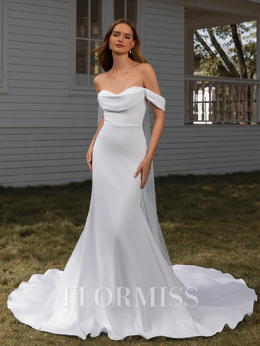 Sheath Off-the-Shoulder Pleated Cathedral Train Stretch Crepe Wedding Dress