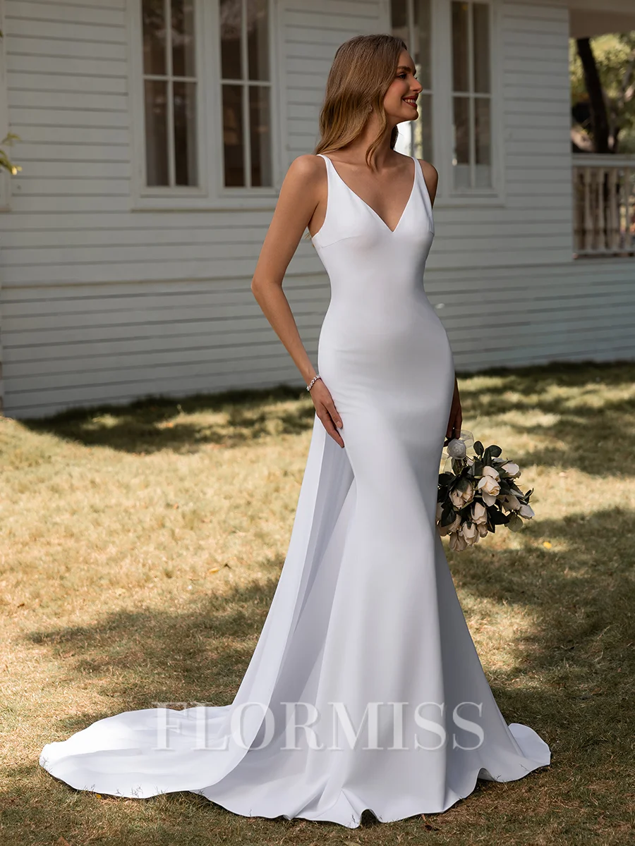 Sheath V-neck Court Train Stretch Crepe Wedding Dress