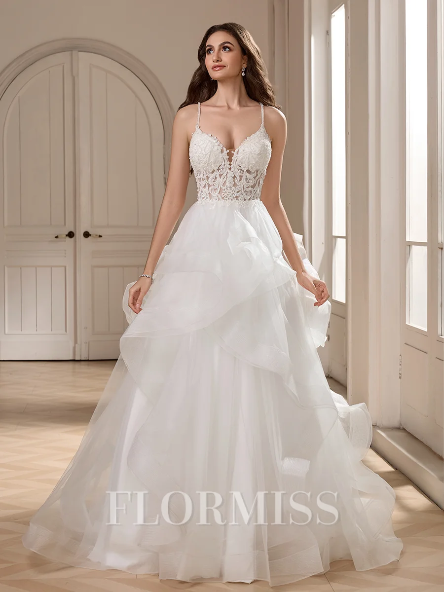Ball-Gown V-neck Appliques Lace Sweep Train Tulle Wedding Dress