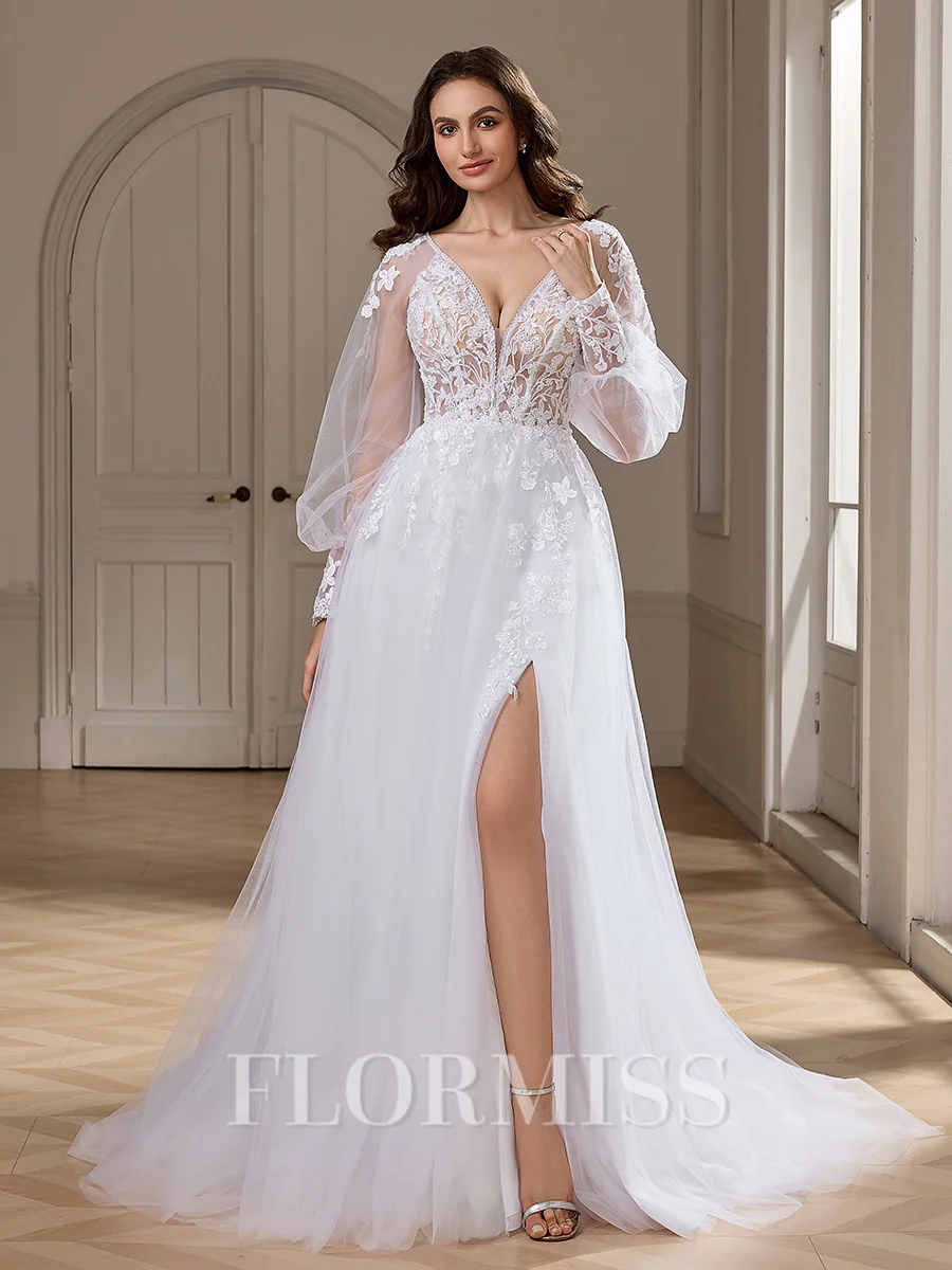 A-line V-neck Long Sleeves Appliques Lace Court Train Tulle Wedding Dress