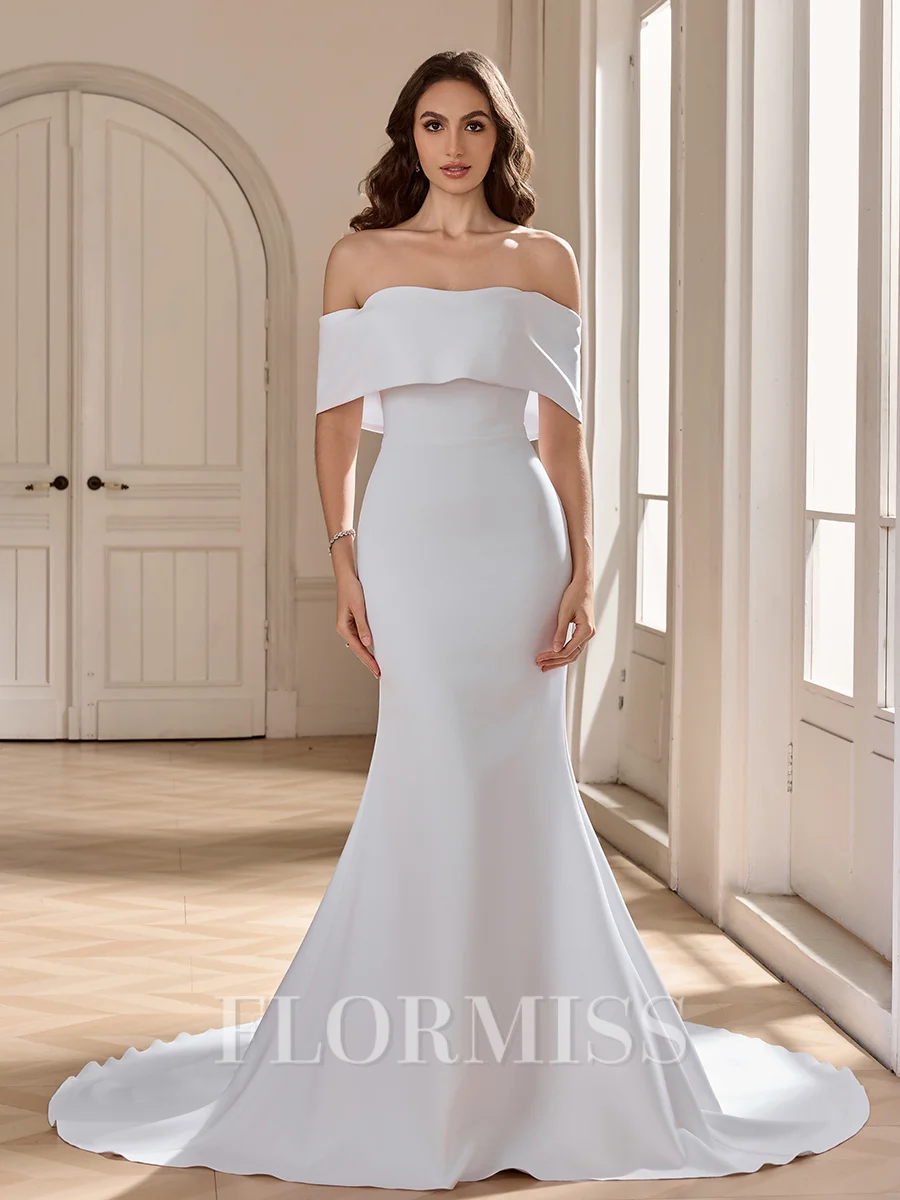 Sheath Off-the-Shoulder Cathedral Train Stretch Crepe Wedding Dress