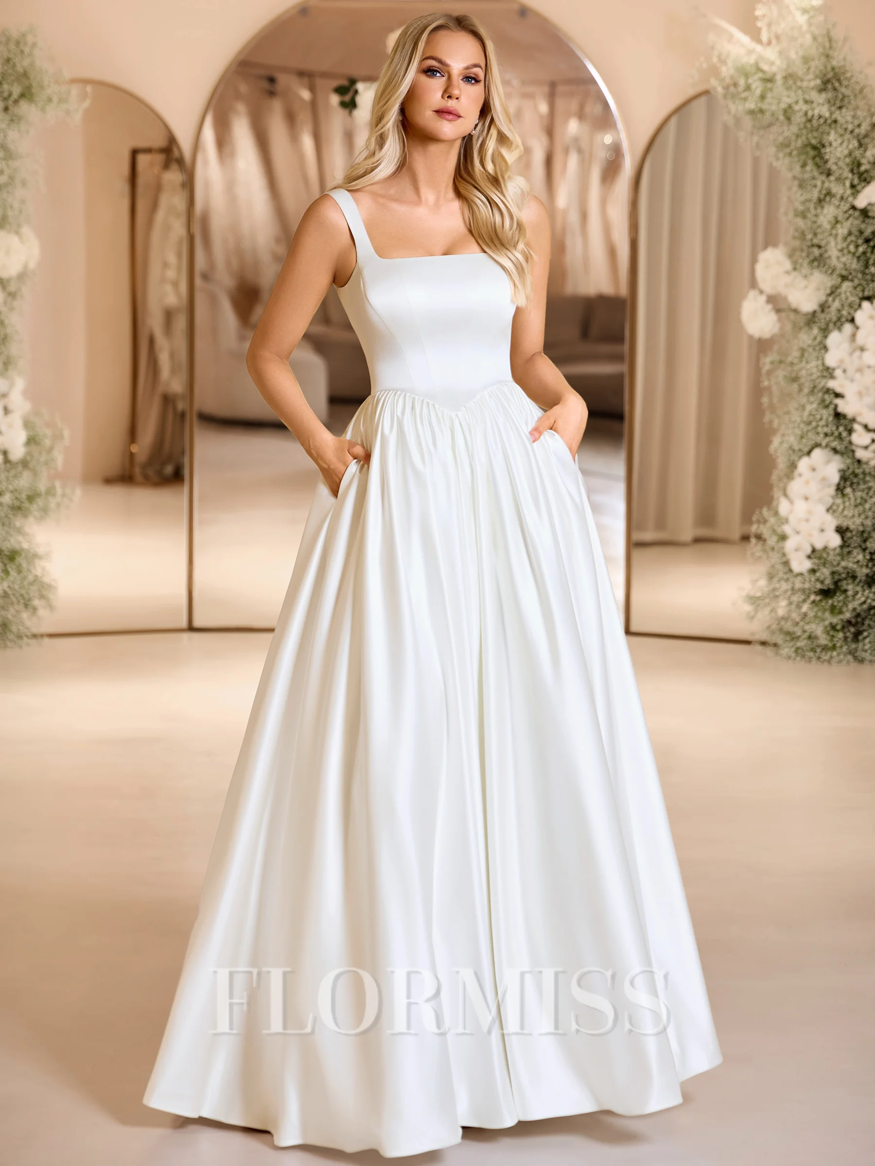 A-line Straps Floor-Length Satin Wedding Dress